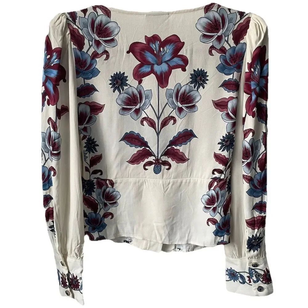 New Farm Rio Floral V-Neck Button Front Puff Sleeve Malu Blouse Top Size Small - Picture 8 of 8